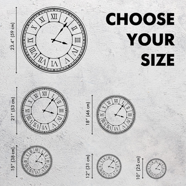 May include: A set of six black and white clock decals in various sizes, ranging from 10 inches to 23.4 inches. The decals feature a classic Roman numeral clock face design.