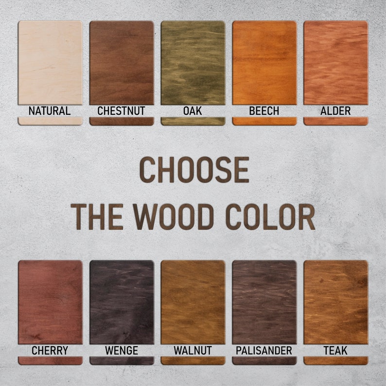 May include: A selection of ten wood stain colours for furniture, including natural, chestnut, oak, beech, alder, cherry, wenge, walnut, palisander, and teak. Choose the wood colour.