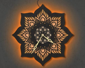 Lotus wall clock with led, Mandala wall  clock, Yoga Clock, Flower wall clock, Lighted wall clock, Led wall clock large, Unique wall clock