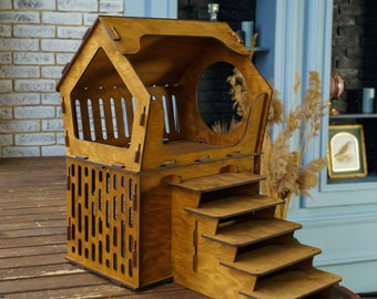 Two story cat house, Cat house wood, Cat house indoor, Bunny house indoor, Rabbit castle large, Pet house wooden, Small dog house