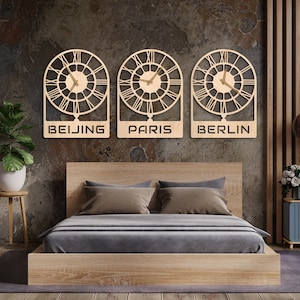 Custom city clock, City wall clock,Time zone wall clock,World clock, International clock,Wood wall clock,Office wall clock,Modern wall clock