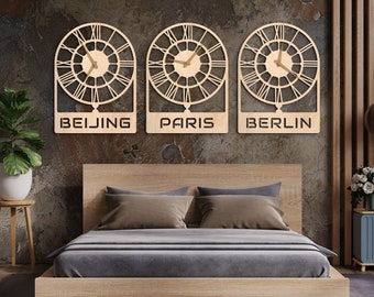 Custom city clock, City wall clock,Time zone wall clock,World clock, International clock,Wood wall clock,Office wall clock,Modern wall clock