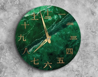 Green marble Japanese wall clock, Kanji wall clock, Kanji wall decor, Asian wall clock, Zen wall clock, Japanese wall decoration