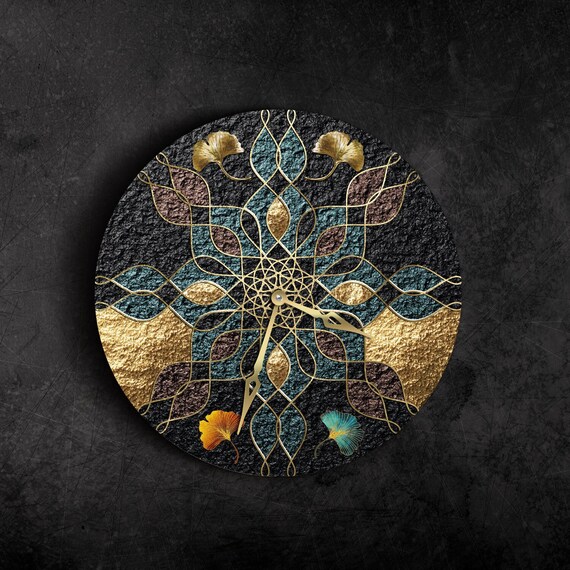 Mandala wall clock, Mosaic wall clock, Yoga wall clock, Boho wall clock, Sacred geometry clock, Bohemian wall clock, Gold wall clock