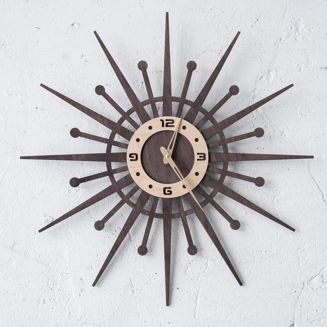 Atomic Wall Clock Wood, Mid Century Modern Clock, Wood Wall Clock ...