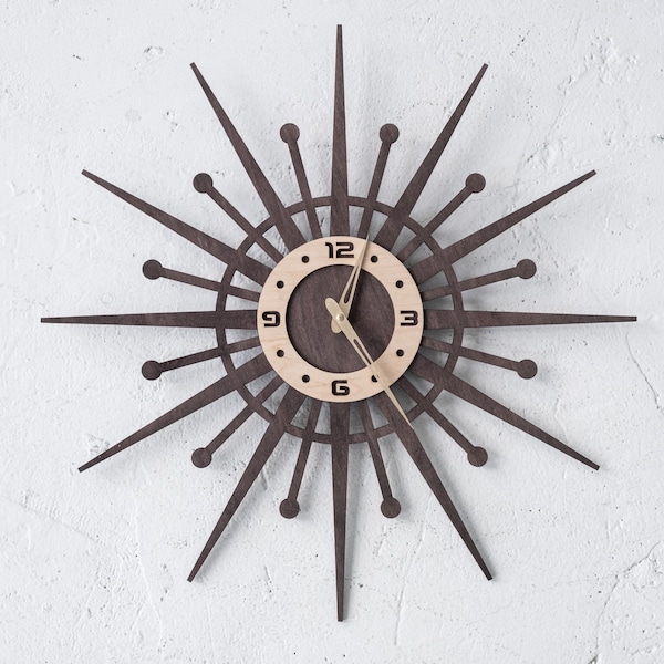 Atomic wall clock wood, Mid century modern clock, Wood wall clock, Retro wall clock, Sunburst clock,  Mcm wall decor, Art deco clock