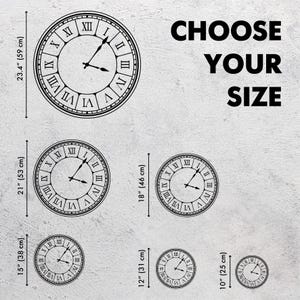 May include: A set of six black and white clock decals in various sizes, ranging from 10 inches to 23.4 inches. The decals feature a classic Roman numeral clock face design.