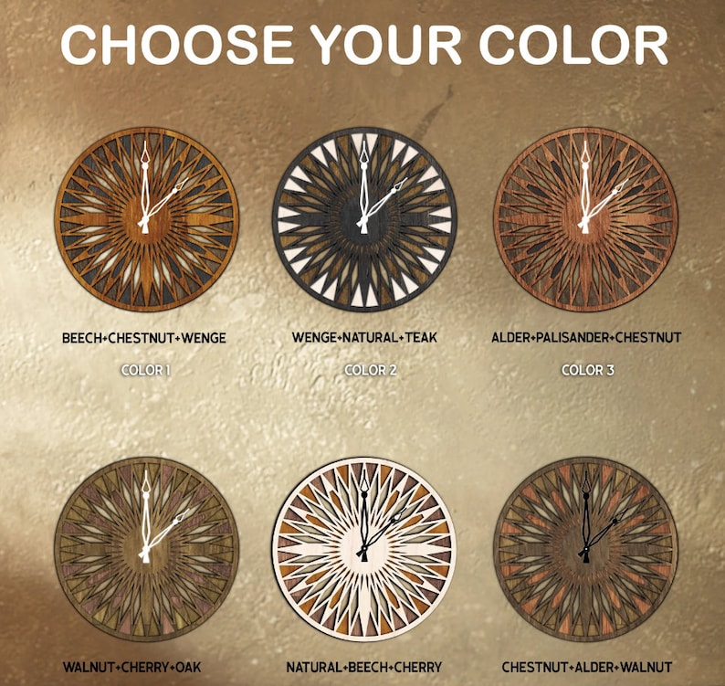 K&ouml;nnte beinhalten: Sechs verschiedene Holzuhr-Designs mit einem Sternburst-Muster. Die Zifferbl&auml;tter der Uhren sind aus Holz mit verschiedenen Holzmaserungen und Farben. Die Uhrzeiger sind schwarz. Der Text unter jeder Uhr lautet "W&auml;hlen Sie Ihre Farbe" und listet die f&uuml;r jedes Design verwendeten Holzarten auf.