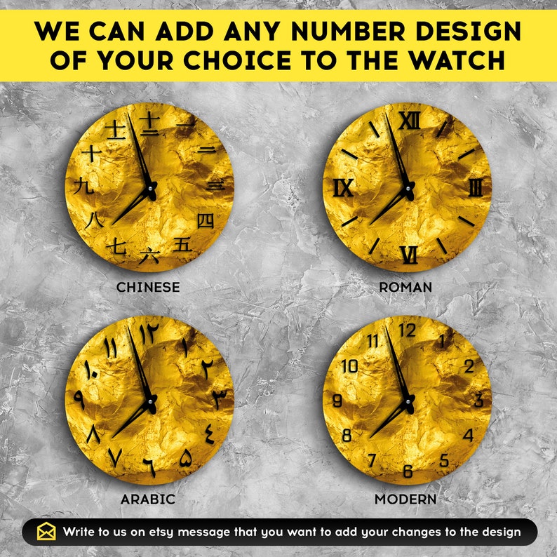 May include: Four gold-colored clock faces with different number styles: Chinese, Roman, Arabic, and Modern. The clock faces have a textured, crumpled gold foil appearance.