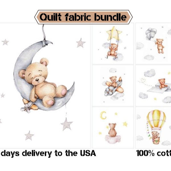 Baby bear organic cotton fabric, Baby quilt panels fabric, Childrens quilt fabric bundle