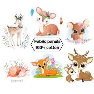 Baby deer fabric panels for quilting, Boho animals fabric bundle for baby quilt, Precut quilt fabric for childrens