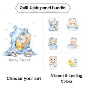 Puede incluir: Un conjunto de paneles de tela de edredón con ilustraciones de acuarela de osos de peluche en escenas temáticas de baño. Los osos están representados con batas de baño azules, con un patito de goma y burbujas. El texto incluye "Quilt fabric panel bundle", "happy friends".
