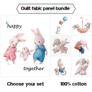 Hare family quilt fabric bundle, Baby girl quilt panels fabric, Cute baby fabric panels for quilting