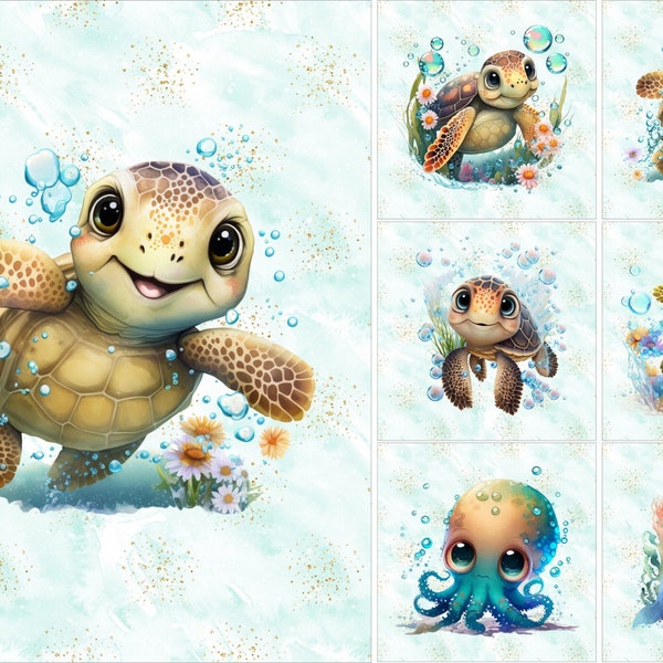 Sea turtle nautical fabric panels for baby quilts, Baby ocean quilt panels fabric, Cute octopus dolphin quilt fabric bundle