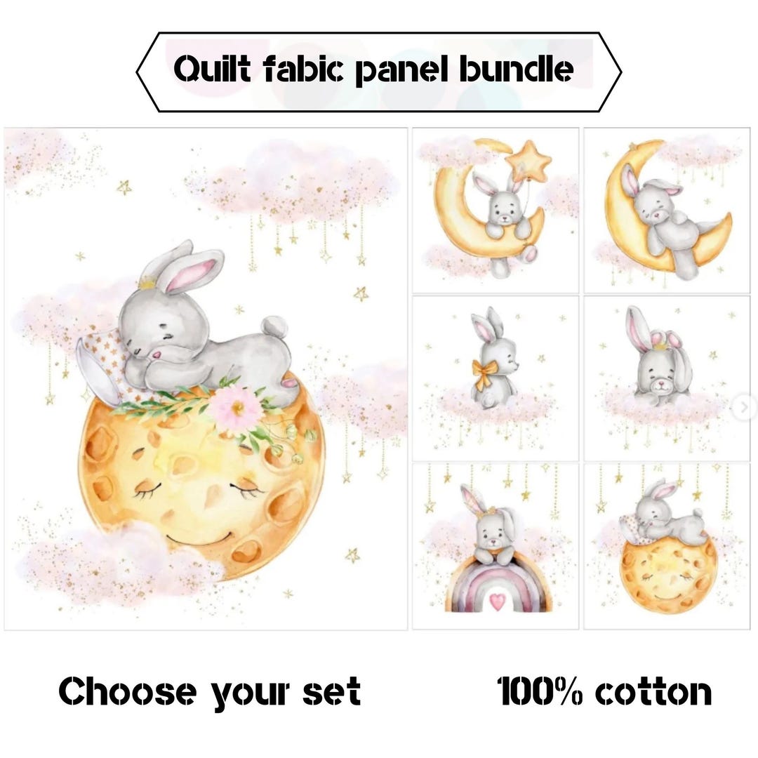 Hare Baby Fabric Panels for Quilting, Cute Hare on Moon, Clouds