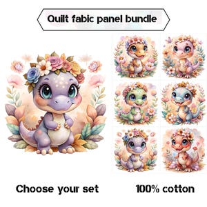 Baby girl dinosaur fabric panels with pink flowers, Cute dinosaur quilt panels, Dinosaur nursery fabric for quilting, Quilt fabric bundle
