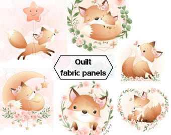 Foxes fabric panels for baby quilts, Animal print fabric fat quarter, Fox print fabric for quilting