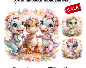 Baby dinosaur quilt fabric panel. Cute dino girl panels bundle for quilting on SALE