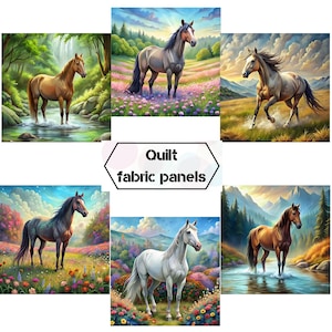 Op de afbeelding: Quiltstofpanelen met zes paardenillustraties. De paarden worden afgebeeld in verschillende omgevingen, waaronder bloemenvelden en beken. De panelen tonen een reeks kleuren, van bruin tot wit, met gedetailleerde manen en staarten. De tekst "Quilt fabric panels" is zichtbaar.