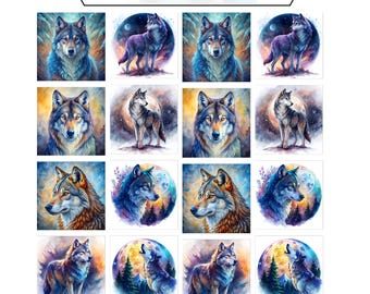 Wolf quilt fabric scraps for quilting, Wildlife cotton fabric panels for quilts, Quilt fabric cabin wall decor, 4.4" charm pack - 16 panels