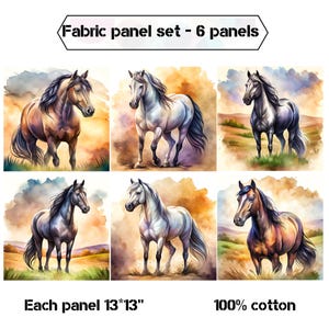 Horse print quilt panel fabric, Watercolor horse fabric panels for quilting, Horse blanket, pillow, quilt - set of 6