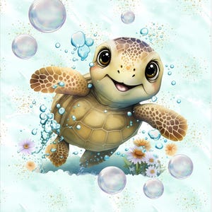 May include: A cartoon illustration of a small brown sea turtle swimming through light blue water. The turtle has large dark eyes and a smiling mouth. Transparent bubbles and small white and yellow daisy flowers surround the turtle, with gold glitter accents scattered across the light blue background.