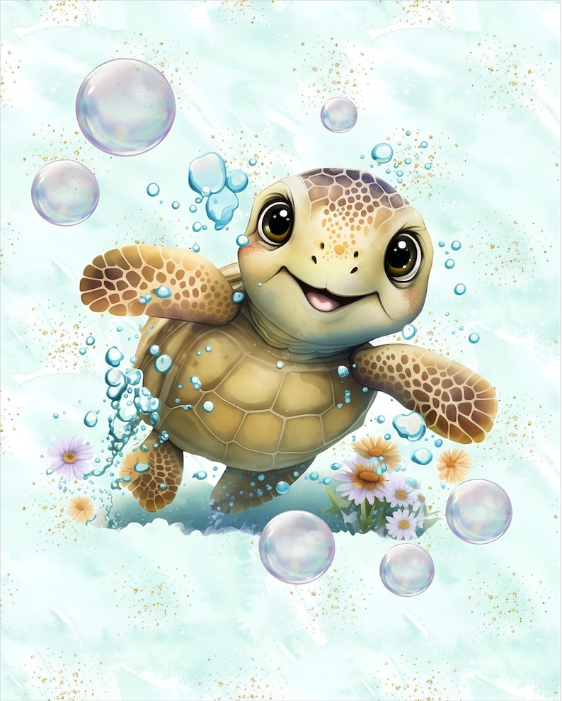 May include: A cartoon illustration of a small brown sea turtle swimming through light blue water. The turtle has large dark eyes and a smiling mouth. Transparent bubbles and small white and yellow daisy flowers surround the turtle, with gold glitter accents scattered across the light blue background.