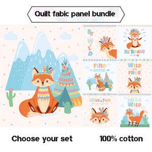 Boho baby fox fabric panels, Baby quilt panels fabric, Childrens quilt fabric bundle