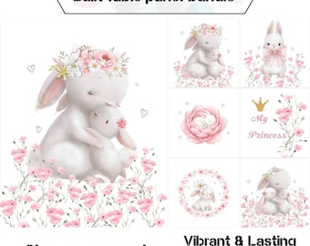 Hare quilt fabric bundle with flowers, Baby girl fabric panels for quilting, Cure fabric for little princess