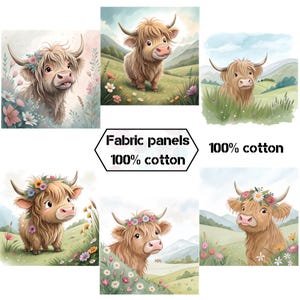 Cute baby highland cow fabric panels for quilts, Farm animals cotton fabric panels for quilting, Quilt fabric farmhouse nursery wall decor