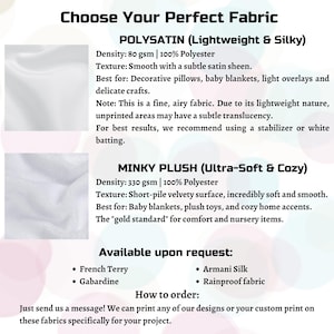 May include: A fabric selection guide titled Choose Your Perfect Fabric. It lists Polysatin at 80 gsm and 100% polyester with a smooth satin sheen, and Minky Plush at 330 gsm and 100% polyester with a short-pile velvety surface. Also lists other fabrics.