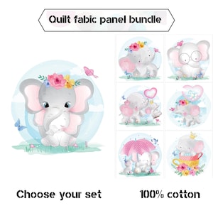 Baby elephant fabric panels, Girl organic cotton fabric panels for quilting, Baby quilt fabric bundle