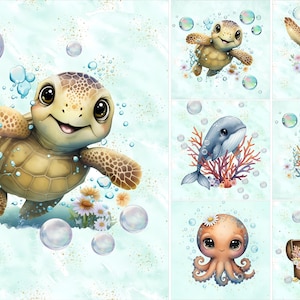 May include: A collection of digital illustrations featuring aquatic animals including sea turtles, a whale, a seahorse, and an octopus. Each character is depicted with large eyes, surrounded by floating bubbles, coral, and small white flowers.