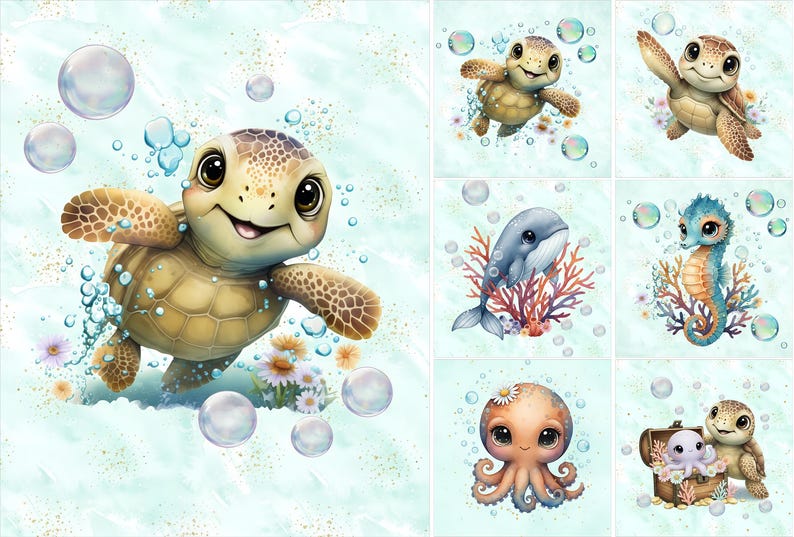 May include: A collection of digital illustrations featuring aquatic animals including sea turtles, a whale, a seahorse, and an octopus. Each character is depicted with large eyes, surrounded by floating bubbles, coral, and small white flowers.