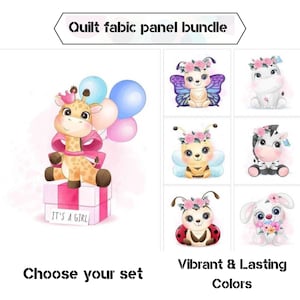 Könnte beinhalten: Quilt-Stoffpanel-Bundle mit entzückenden Tierillustrationen. Das Bild zeigt eine Giraffe mit Luftballons und andere niedliche Tiere wie einen Schmetterling, eine Biene, ein Zebra und ein Kaninchen. Der Text lautet "Wählen Sie Ihr Set" und "Lebendige und dauerhafte Farben."