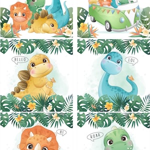 May include: Whimsical illustrations of dinosaurs in a tropical setting. The image features various dinosaurs, including a blue Brontosaurus with a crown, a green T-Rex, and a Triceratops. Text bubbles say "Hello", "LOL", "Hi", and "Roar".