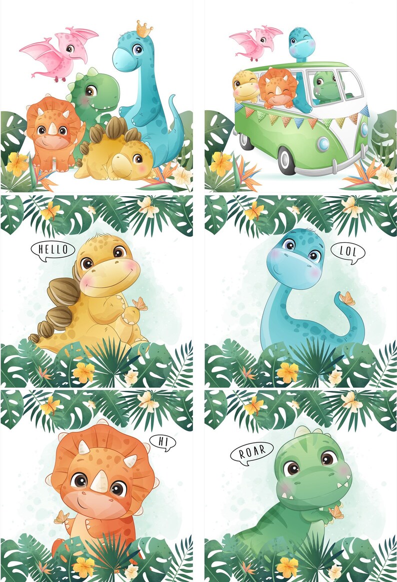 May include: Whimsical illustrations of dinosaurs in a tropical setting. The image features various dinosaurs, including a blue Brontosaurus with a crown, a green T-Rex, and a Triceratops. Text bubbles say "Hello", "LOL", "Hi", and "Roar".
