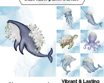 Whale fabric panels for quilting, Nautical quilt fabric bundle, Sea turtle fabric