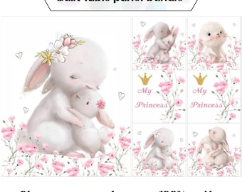 Hare quilt fabric bundle with flowers, Baby girl fabric panels for quilting, Cure fabric for little princess