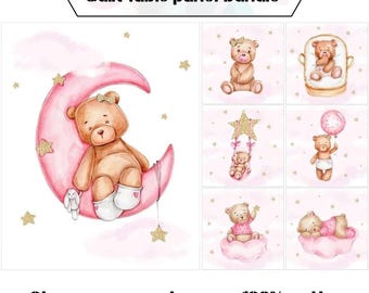Baby bear on the moon organic cotton fabric, Girl quilt fabric bundle,  Baby quilt panels fabric