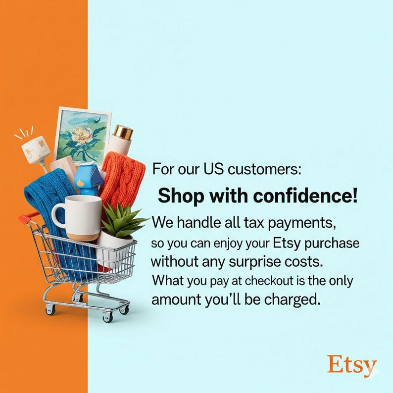 May include: A miniature metal shopping cart filled with a white ceramic mug, a small potted succulent, a blue knit scarf, an orange knit scarf, a framed floral print, and a small white bottle, with text stating For our US customers: Shop with confidence!