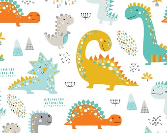 Dinosaur fabric by the yard, Baby quilt panel fat quarters, Baby blanket fabric, Dinosaur nursery decor