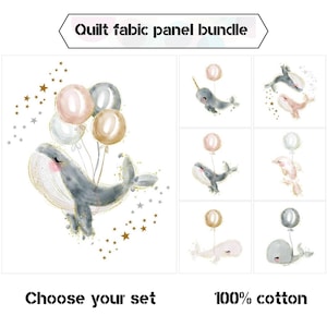 Può includere: Un set di sei pannelli di tessuto con illustrazioni fantasiose di balene e narvali con palloncini. I pannelli sono stampati su tessuto 100% cotone e sono perfetti per progetti di quilting.