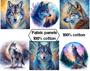Wolf fabric panels for quilts, Wildlife organic cotton fabric panels for quilting, Quilt fabric  cabin wall decor