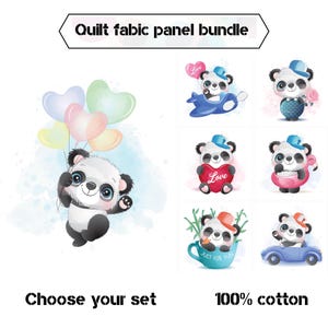 May include: A set of eight fabric panels featuring adorable panda bear illustrations. Each panel depicts a different scene with the panda, including flying in a plane, holding a heart, floating in a pool ring, and sitting in a teacup. The panels are made of 100% cotton and are perfect for quilting projects.