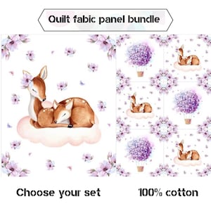 Cute baby deer fabric panels with flowers, Purple floral baby girl quilt panels fabric, Woodland animal quilt fabric bundle