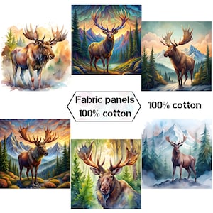 Moose fabric panels for quilts, Wildlife organic cotton fabric panels for quilting, Quilt fabric  cabin wall decor