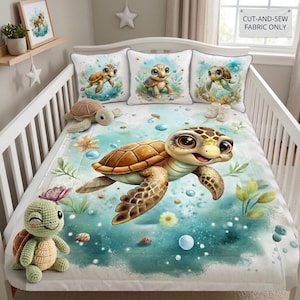 May include: A cot bedding set featuring a large central sea turtle illustration on a quilt, three matching square pillows with turtle graphics, and a crochet turtle plush toy. The fabric displays a teal underwater theme with bubbles and plants. Text reads: CUT-AND-SEW FABRIC ONLY.