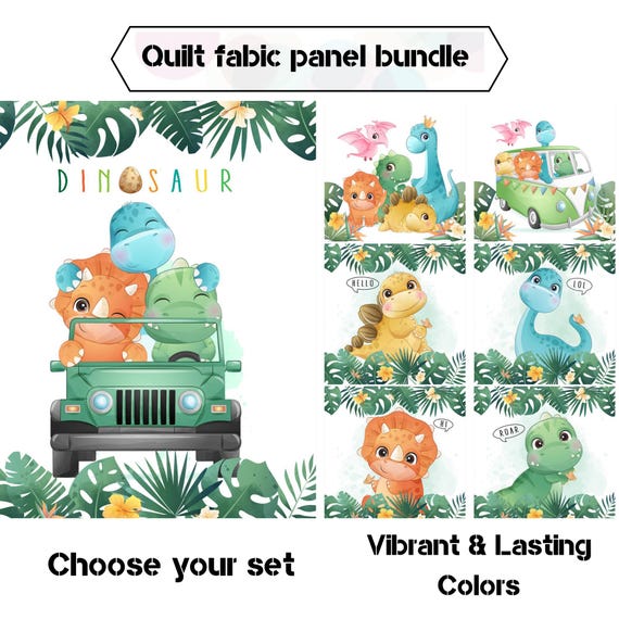Baby dinosaur fabric panels, Cute dinosaur friends quilt fabric bundle, Dinosaur baby blanket fabric