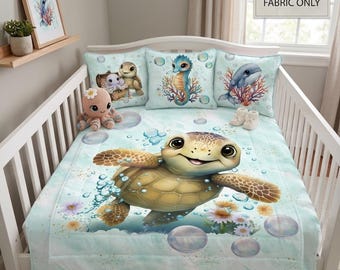Sea turtle nautical fabric panels for baby quilts, Baby ocean quilt panels fabric, Cute octopus dolphin quilt fabric bundle